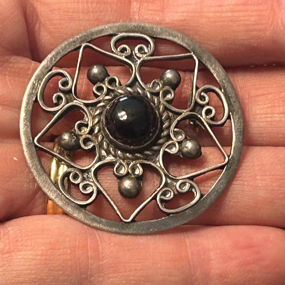 Vintage Mexican Taxco Onyx Sterling Brooch and Earrings Marked